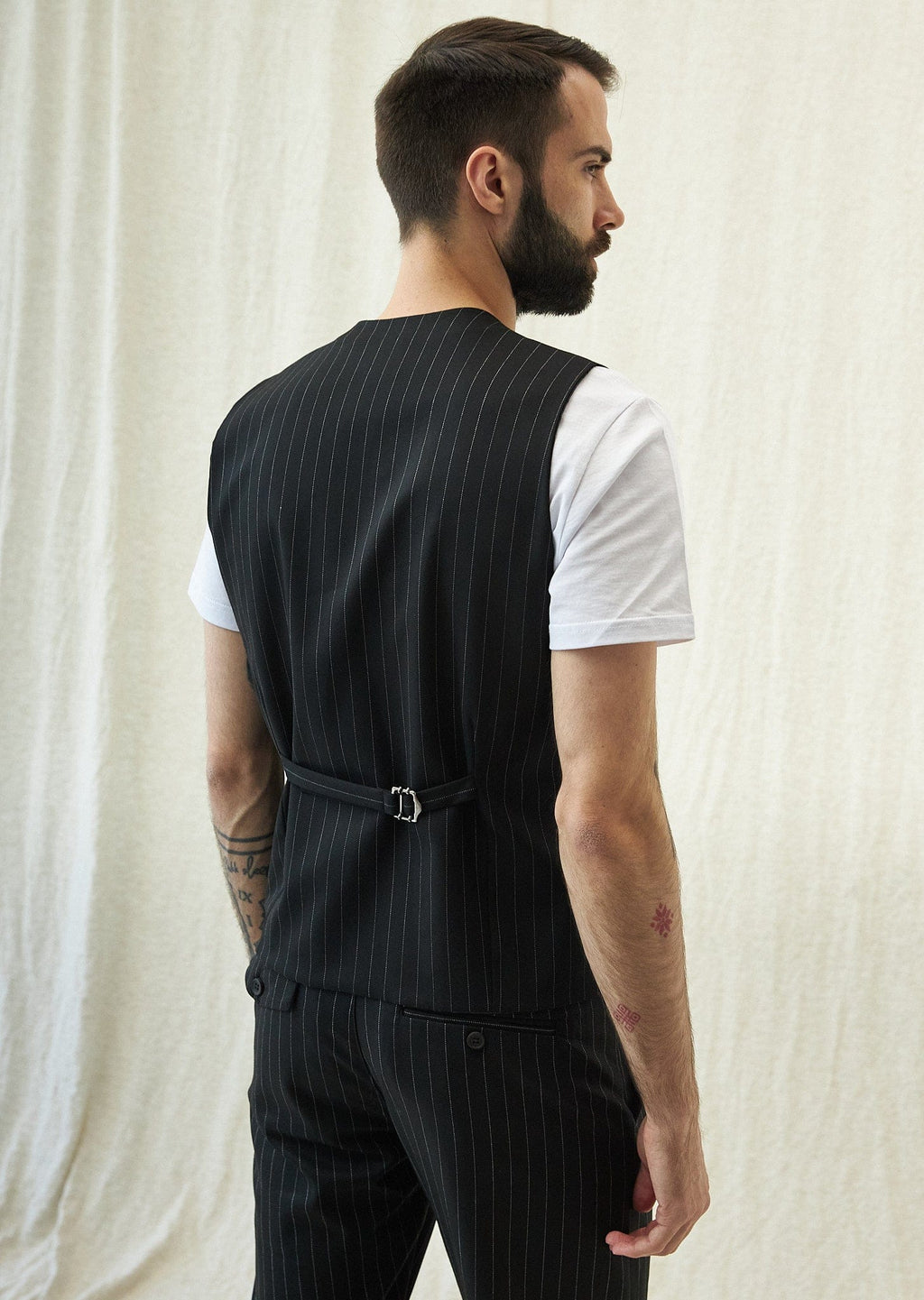 Tiavllya Fashion 2 Pieces Mens Stripe Suit Flat Peak Lapel Vest Suit For Wedding (Vest + Pants)