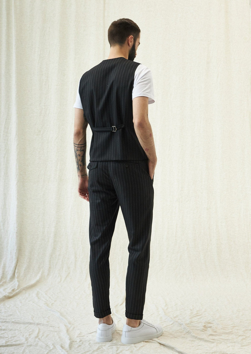 Tiavllya Fashion 2 Pieces Mens Stripe Suit Flat Peak Lapel Vest Suit For Wedding (Vest + Pants)