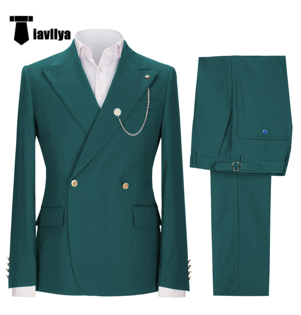 Tiavllya Fashion 2 Pieces Mens Suit Double Breasted Flat Peak Lapel Tuxedos (Blazer+Pants)