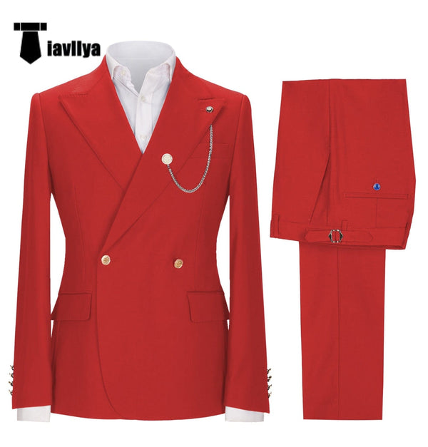 Tiavllya Fashion 2 Pieces Mens Suit Double Breasted Flat Peak Lapel Tuxedos (Blazer+Pants)