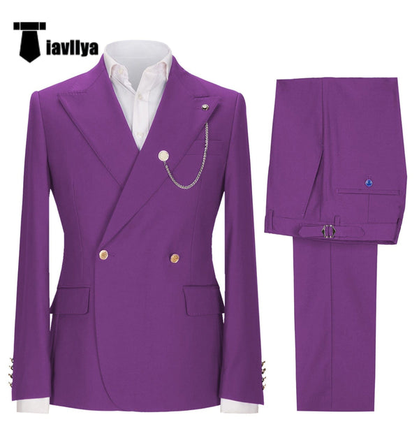Tiavllya Fashion 2 Pieces Mens Suit Double Breasted Flat Peak Lapel Tuxedos (Blazer+Pants)
