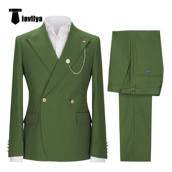 Tiavllya Fashion 2 Pieces Mens Suit Double Breasted Flat Peak Lapel Tuxedos (Blazer+Pants)