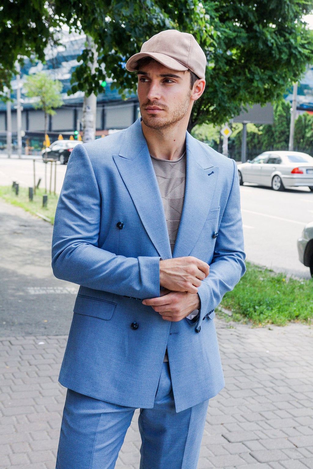 Tiavllya Fashion 2 Pieces Mens Suit Flat Peak Lapel Double Breasted Tuxedos For Wedding (Blazer+Pants)