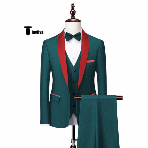 Tiavllya Fashion 3 Pieces Mens Suit Flat Shawl Lapel Tuxedos (Blazer+vest+Pants)