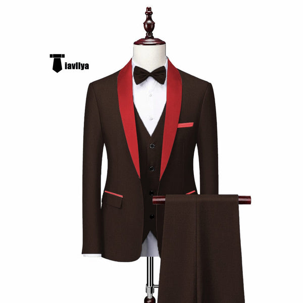 Tiavllya Fashion 3 Pieces Mens Suit Flat Shawl Lapel Tuxedos (Blazer+vest+Pants)