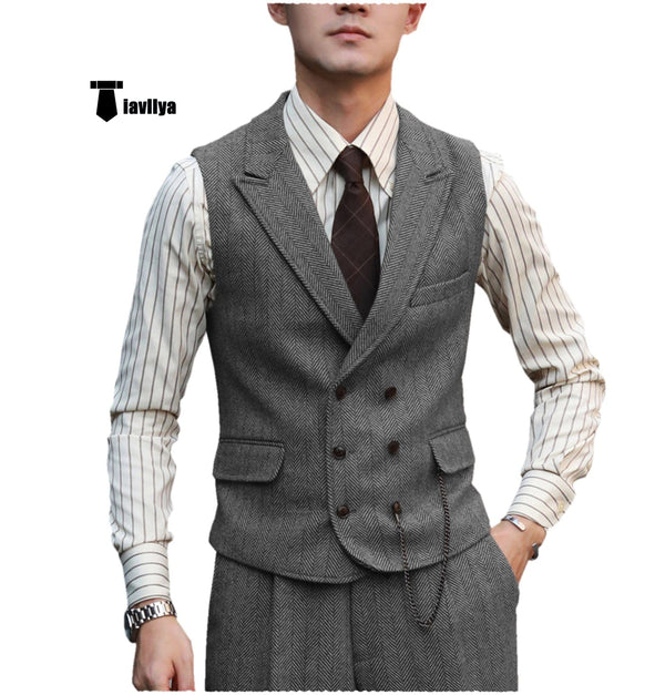Tiavllya Fashion Men's 2 Piece Suit Herringbone Peak Lapel Tuxedos (Vest+Pants)