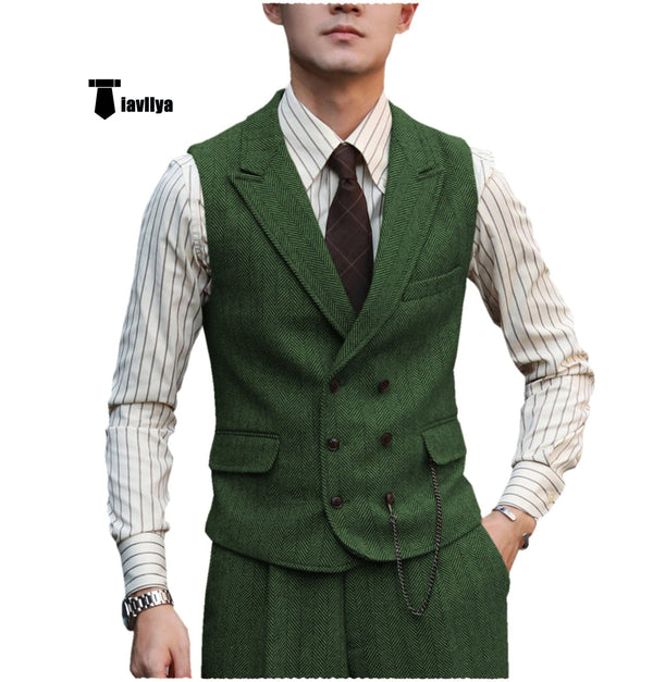 Tiavllya Fashion Men's 2 Piece Suit Herringbone Peak Lapel Tuxedos (Vest+Pants)