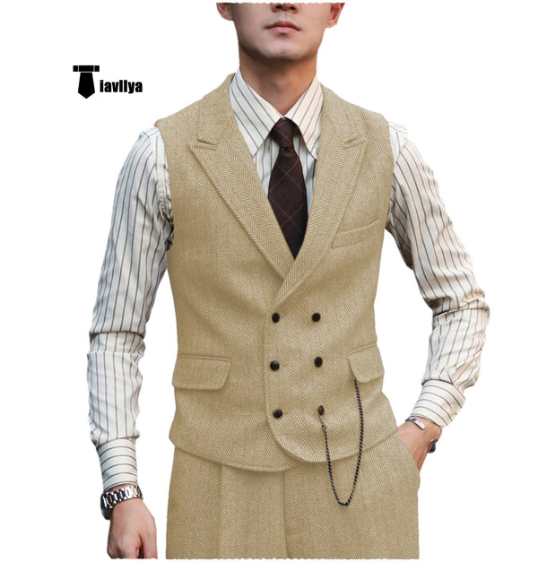 Tiavllya Fashion Men's 2 Piece Suit Herringbone Peak Lapel Tuxedos (Vest+Pants)
