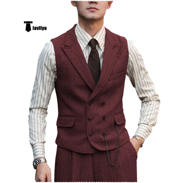 Tiavllya Fashion Men's 2 Piece Suit Herringbone Peak Lapel Tuxedos (Vest+Pants)