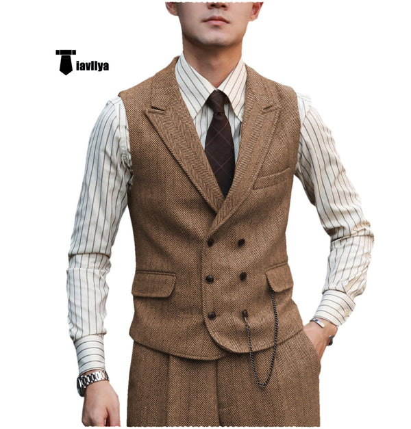 Tiavllya Fashion Men's 2 Piece Suit Herringbone Peak Lapel Tuxedos (Vest+Pants)