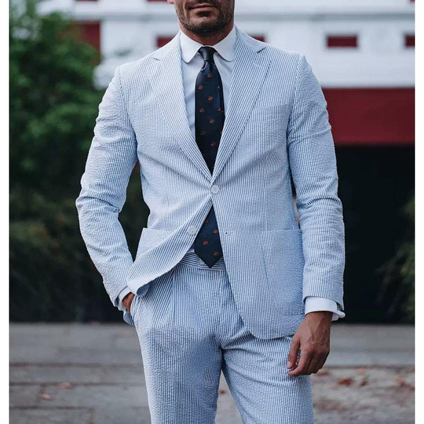 Tiavllya Fashion Men's 2 Pieces Striped Seersucker Notch Lapel Tuxedos (Blazer+Pants)
