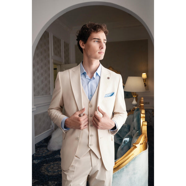 Tiavllya Fashion Men's 3 Pieces Flat Peak Lapel Beige Tuxedos For Party (Blazer+vest+Pants)