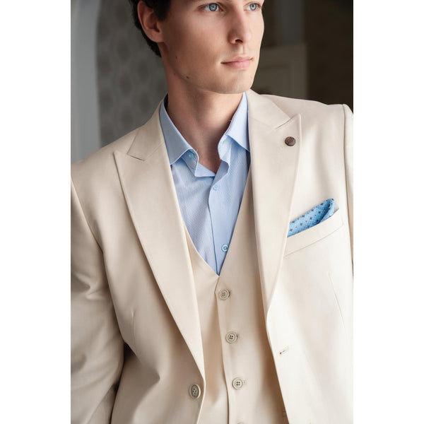 Tiavllya Fashion Men's 3 Pieces Flat Peak Lapel Beige Tuxedos For Party (Blazer+vest+Pants)