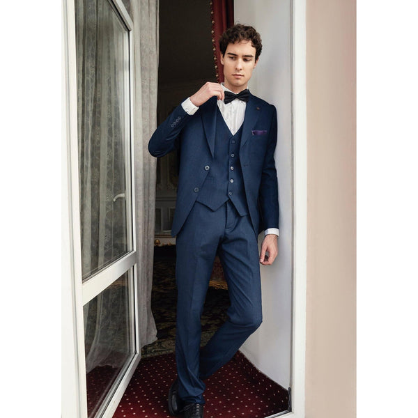 Tiavllya Fashion Men's 3 Pieces Flat Peak Lapel Navy Tuxedos For Party (Blazer+vest+Pants)