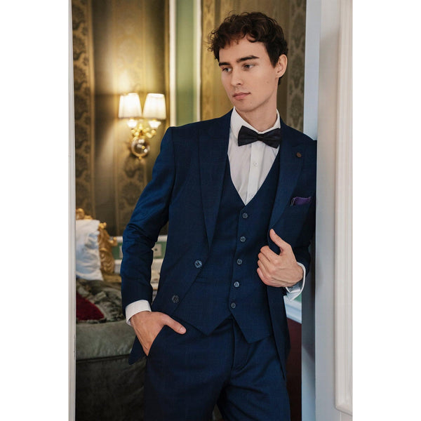 Tiavllya Fashion Men's 3 Pieces Flat Peak Lapel Navy Tuxedos For Party (Blazer+vest+Pants)