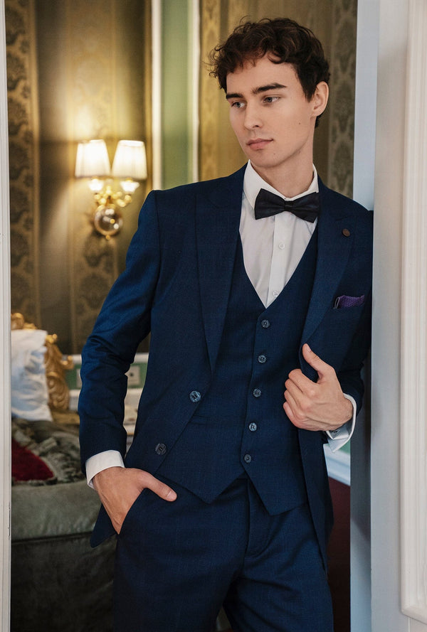 Tiavllya Fashion Men's 3 Pieces Flat Peak Lapel Navy Tuxedos For Party (Blazer+vest+Pants)