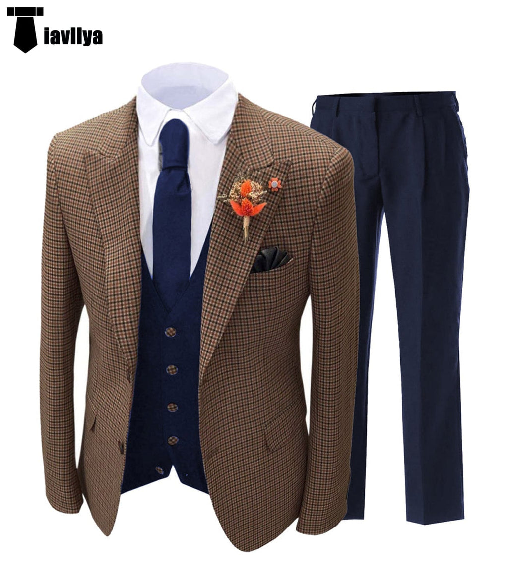 Tiavllya Fashion Men's 3 Pieces Houndstooth Peak Lapel Tuxedos (Blazer+vest+Pants)