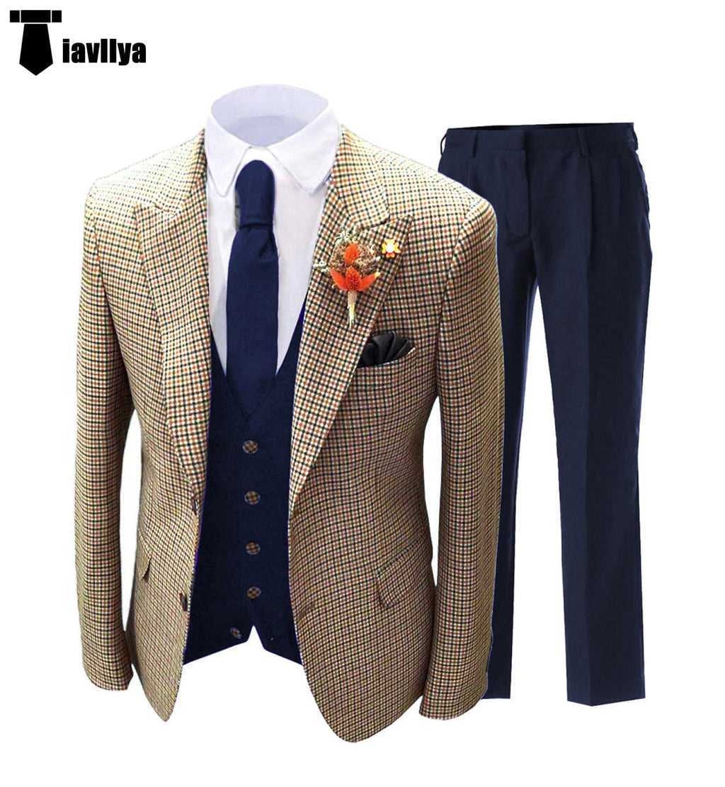 Tiavllya Fashion Men's 3 Pieces Houndstooth Peak Lapel Tuxedos (Blazer+vest+Pants)
