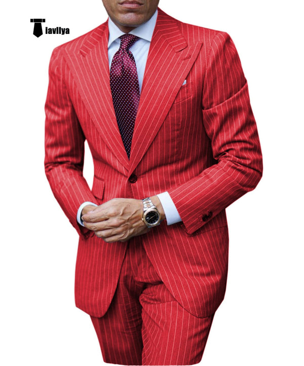 Tiavllya Fashion Men's 3 Pieces Slim Fit Striped Peak Lapel Tuxedos (Blazer+Pants)