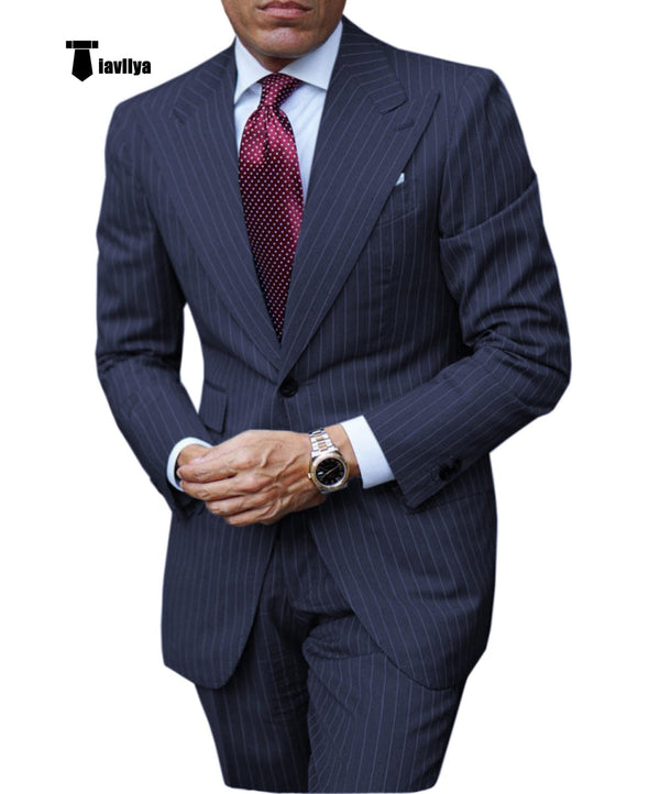 Tiavllya Fashion Men's 3 Pieces Slim Fit Striped Peak Lapel Tuxedos (Blazer+Pants)