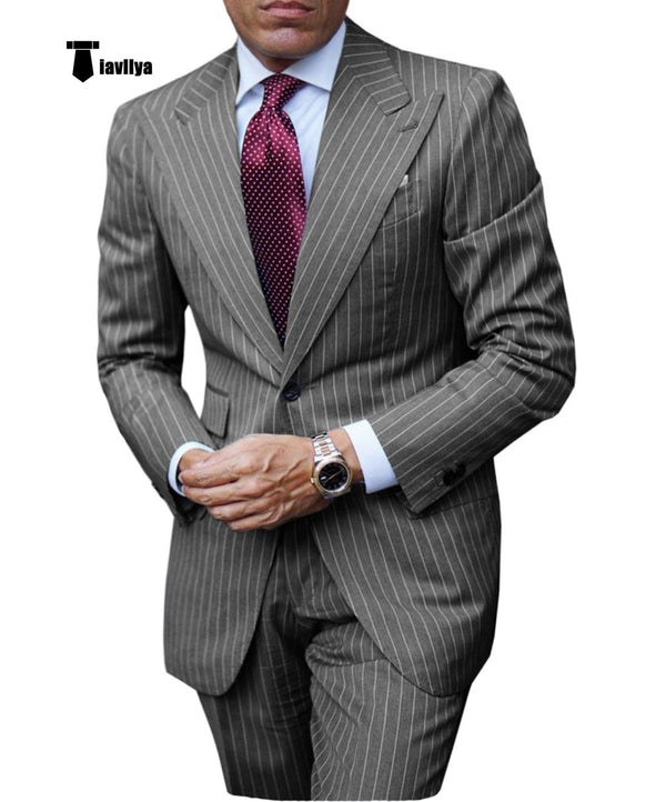 Tiavllya Fashion Men's 3 Pieces Slim Fit Striped Peak Lapel Tuxedos (Blazer+Pants)