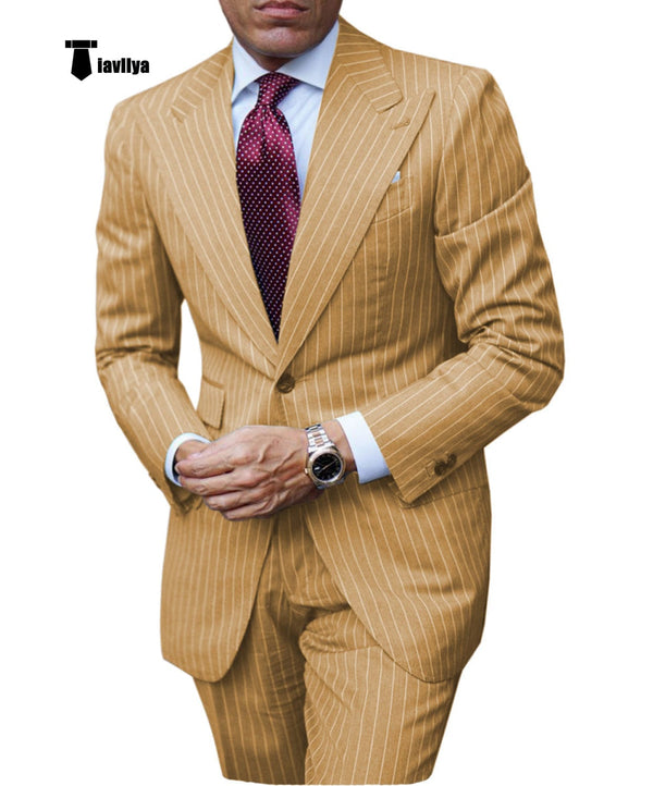 Tiavllya Fashion Men's 3 Pieces Slim Fit Striped Peak Lapel Tuxedos (Blazer+Pants)