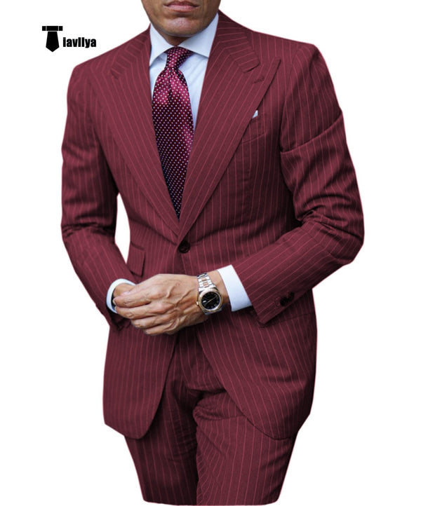 Tiavllya Fashion Men's 3 Pieces Slim Fit Striped Peak Lapel Tuxedos (Blazer+Pants)