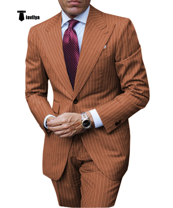 Tiavllya Fashion Men's 3 Pieces Slim Fit Striped Peak Lapel Tuxedos (Blazer+Pants)