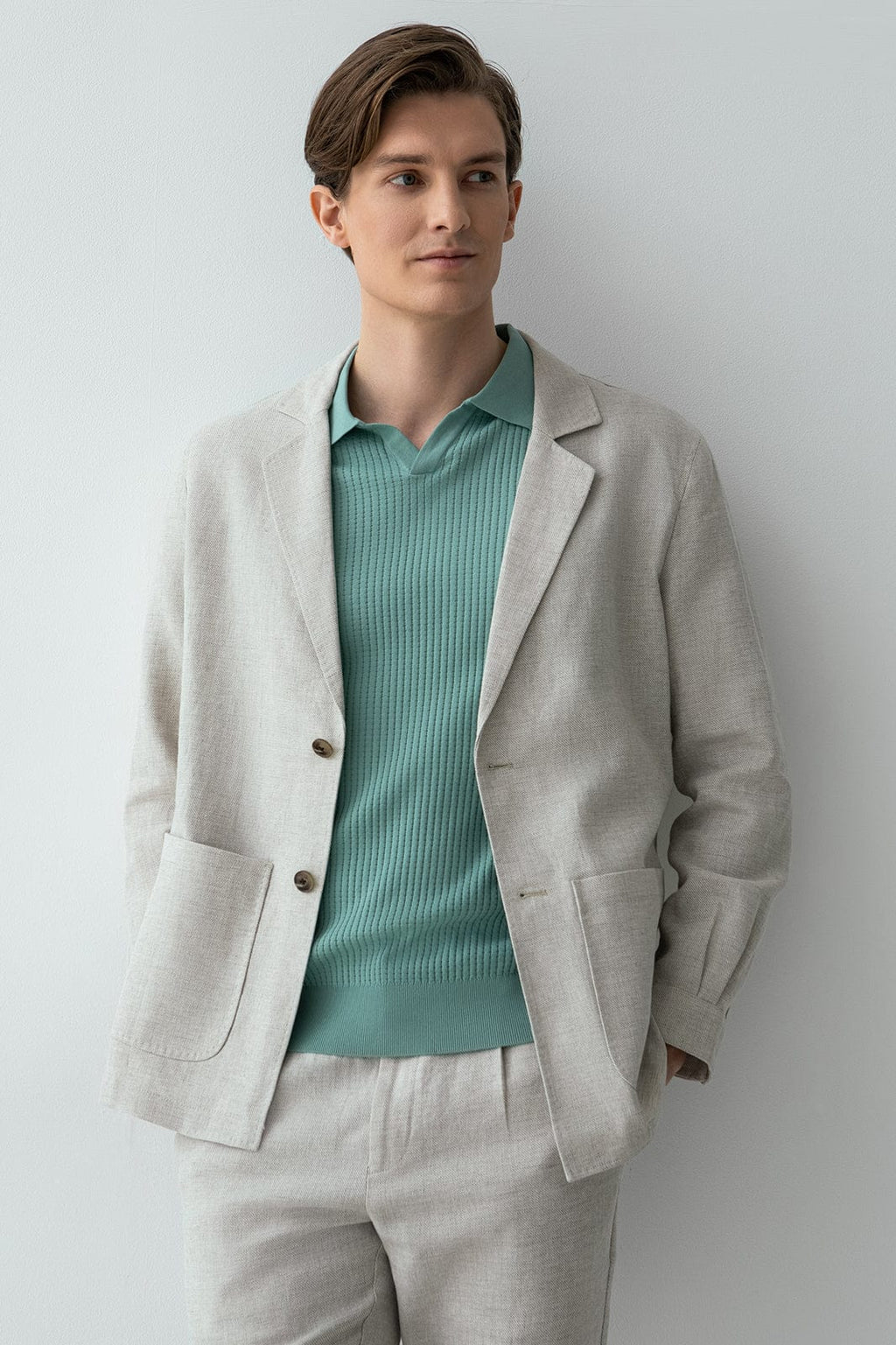 Tiavllya Fashion Men's Beige 2 Pieces Mens Suit Notch Lapel Linen For Wedding (Blazer+Pants)