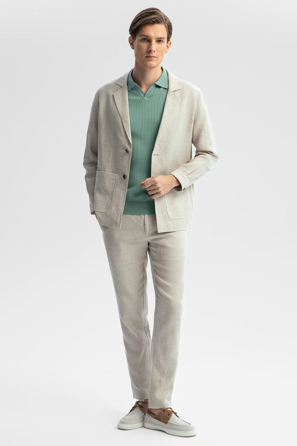 Tiavllya Fashion Men's Beige 2 Pieces Mens Suit Notch Lapel Linen For Wedding (Blazer+Pants)