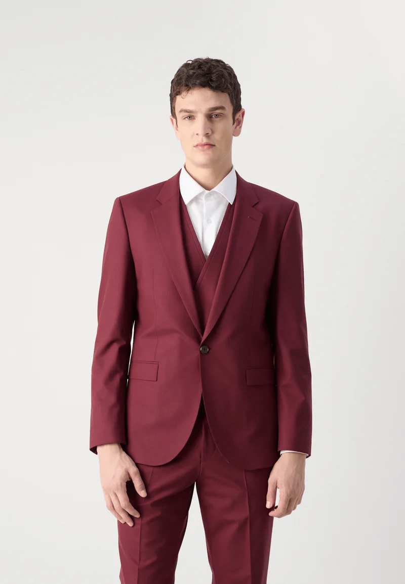 Tiavllya Fashion Men's Burgundy Suits 3 Pieces Notch Lapel Tuxedos (Blazer+Vest+ Pant)