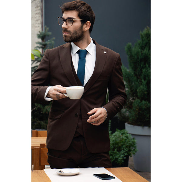 Tiavllya Fashion Men's Suits Coffee 3 Pieces Peak Lapel Tuxedos (Blazer+Vest+ Pant)