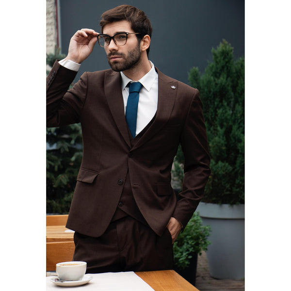 Tiavllya Fashion Men's Suits Coffee 3 Pieces Peak Lapel Tuxedos (Blazer+Vest+ Pant)