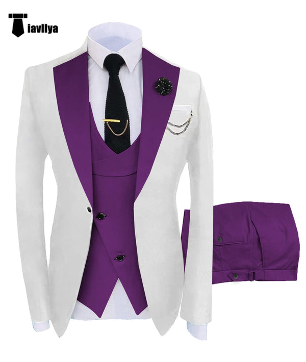 Tiavllya Fashion Men's Suits Slim Fit 3 Pieces Notch Lapel Tuxedos (White Blazer+Vest+ Pant)