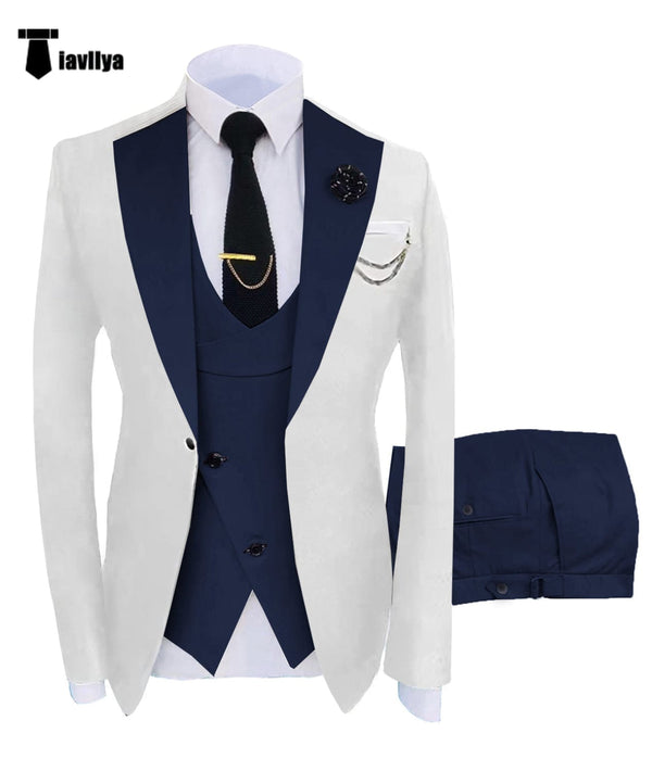 Tiavllya Fashion Men's Suits Slim Fit 3 Pieces Notch Lapel Tuxedos (White Blazer+Vest+ Pant)