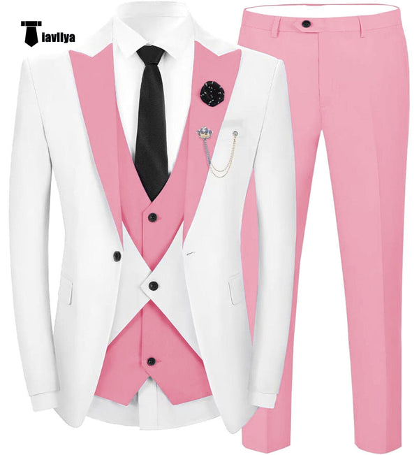 Tiavllya Fashion Men's Suits Slim Fit 3 Pieces Peak Lapel Tuxedos (White Blazer+Vest+ Pant)
