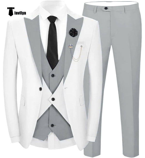 Tiavllya Fashion Men's Suits Slim Fit 3 Pieces Peak Lapel Tuxedos (White Blazer+Vest+ Pant)