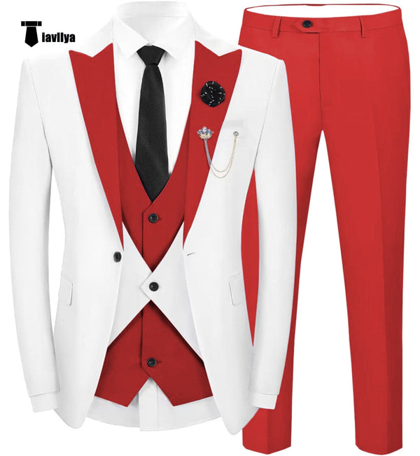 Tiavllya Fashion Men's Suits Slim Fit 3 Pieces Peak Lapel Tuxedos (White Blazer+Vest+ Pant)