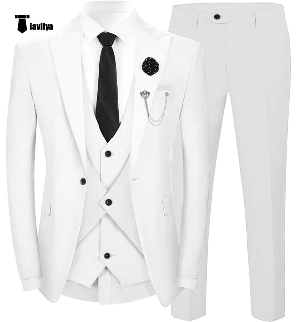 Tiavllya Fashion Men's Suits Slim Fit 3 Pieces Peak Lapel Tuxedos (White Blazer+Vest+ Pant)