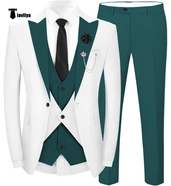 Tiavllya Fashion Men's Suits Slim Fit 3 Pieces Peak Lapel Tuxedos (White Blazer+Vest+ Pant)