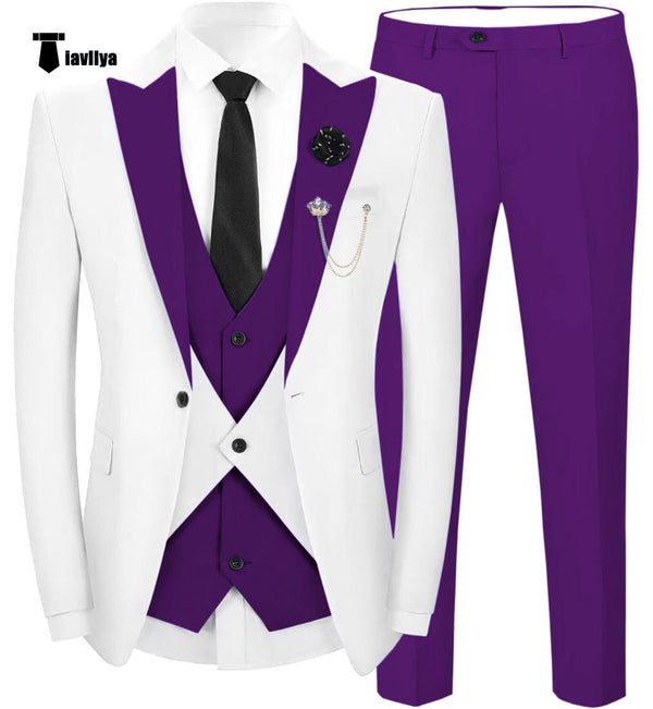 Tiavllya Fashion Men's Suits Slim Fit 3 Pieces Peak Lapel Tuxedos (White Blazer+Vest+ Pant)