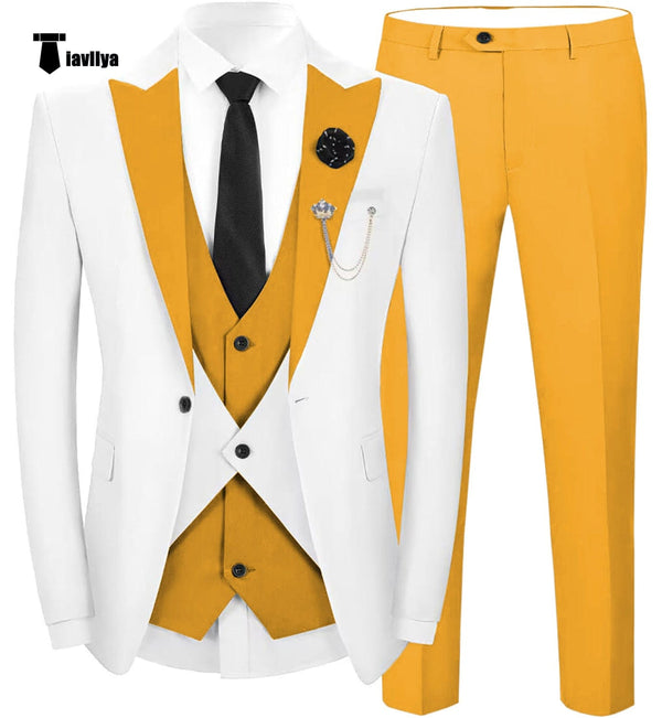 Tiavllya Fashion Men's Suits Slim Fit 3 Pieces Peak Lapel Tuxedos (White Blazer+Vest+ Pant)