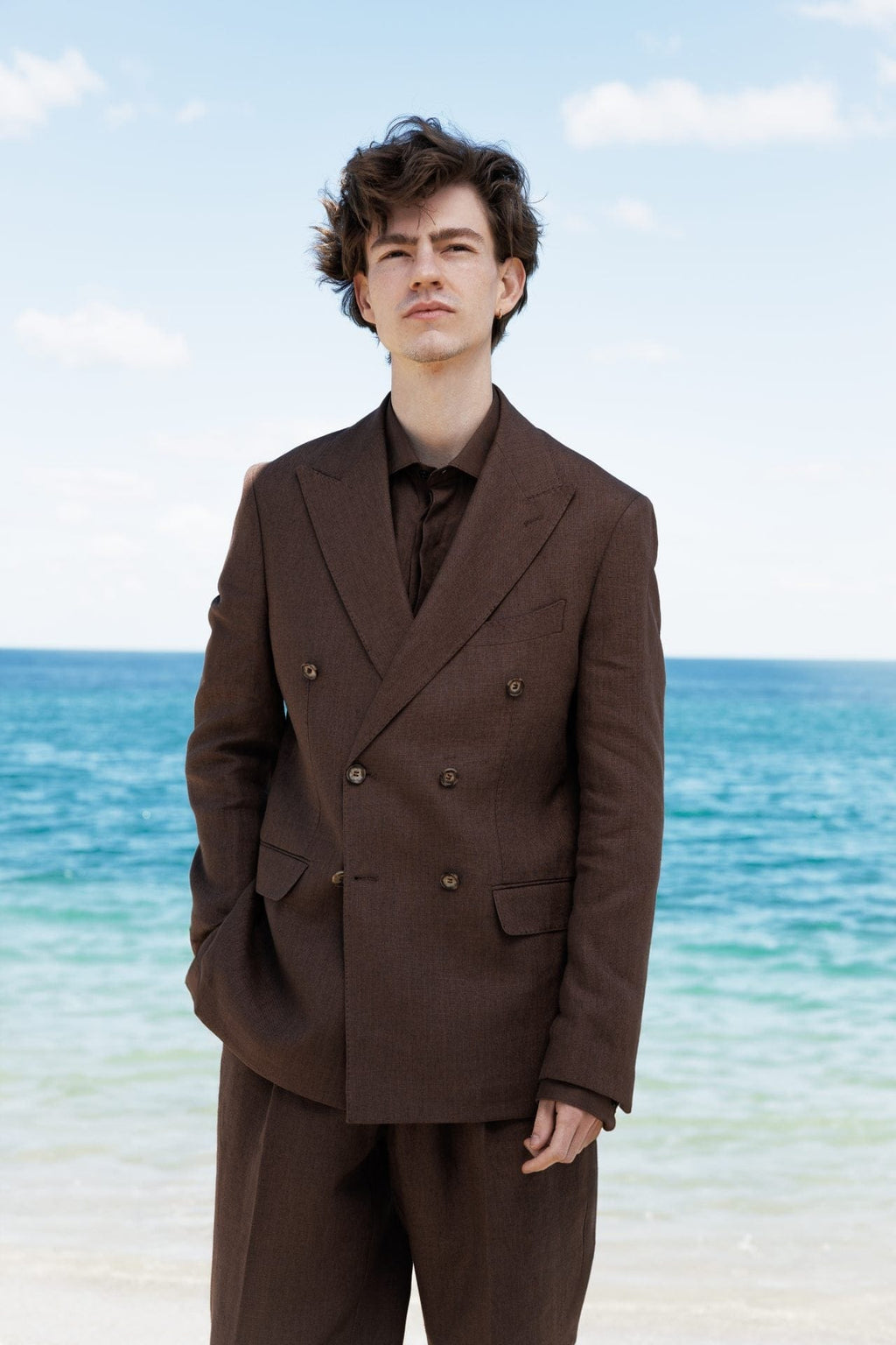 Tiavllya Fashion Mens 2 Pieces Suit Linen Double Breasted Tuxedos For Wedding (Blazer+Pants)