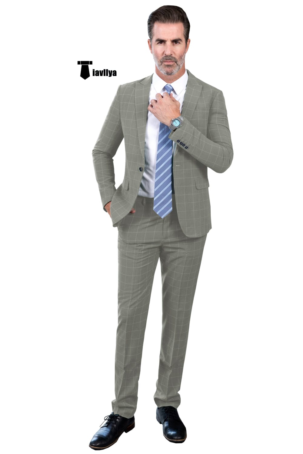 Tiavllya Fashion Mens Suit 2 Pieces Plaid Peak Lapel Tuxedos (Blazer+Pants)