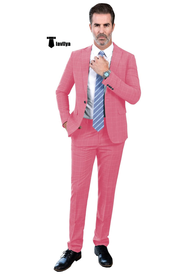 Tiavllya Fashion Mens Suit 2 Pieces Plaid Peak Lapel Tuxedos (Blazer+Pants)