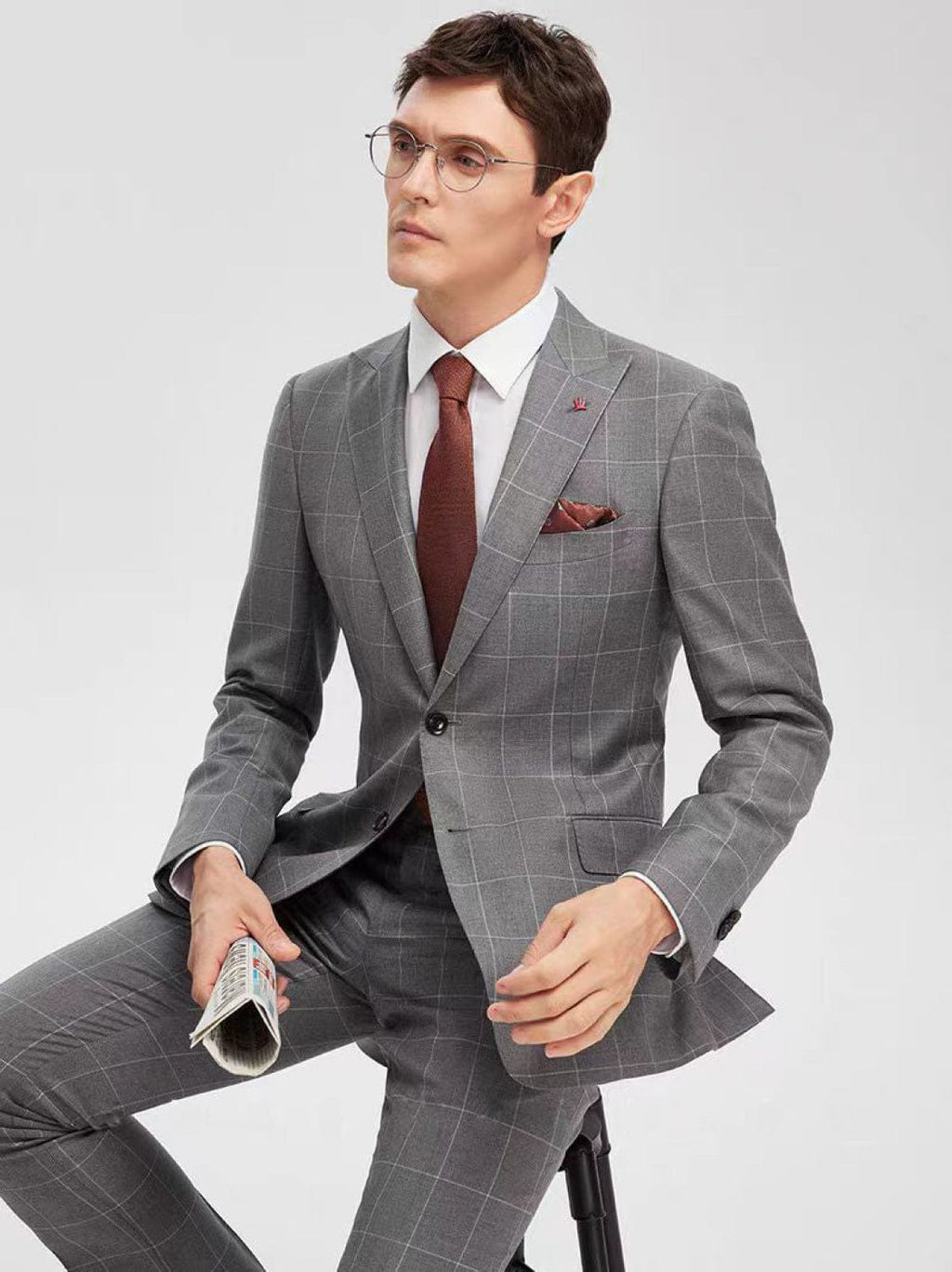 Tiavllya Fashion Mens Suit 2 Pieces Plaid Peak Lapel Tuxedos (Blazer+Pants)