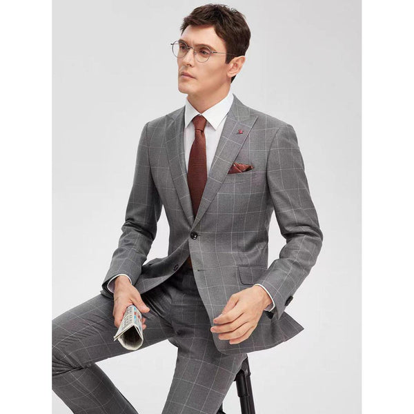 Tiavllya Fashion Mens Suit 2 Pieces Plaid Peak Lapel Tuxedos (Blazer+Pants)