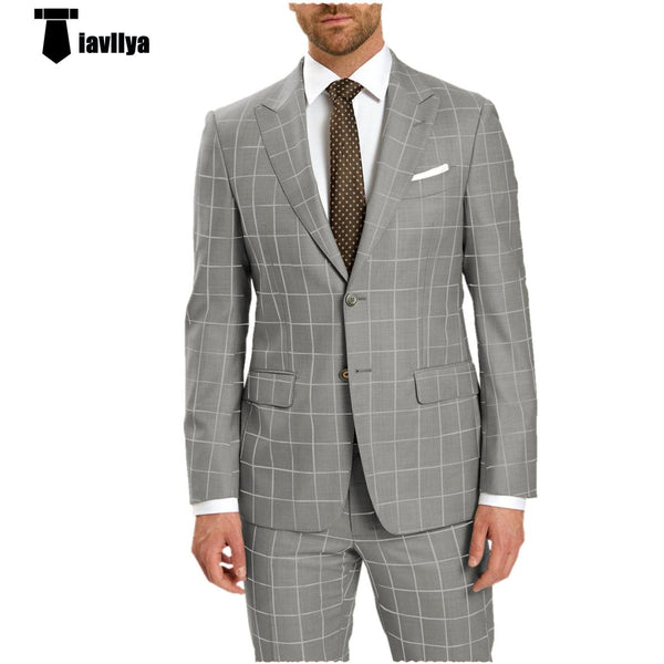 Tiavllya Fashion Mens Suit 2 Pieces Plaid Peak Lapel Tuxedos (Blazer+Pants)