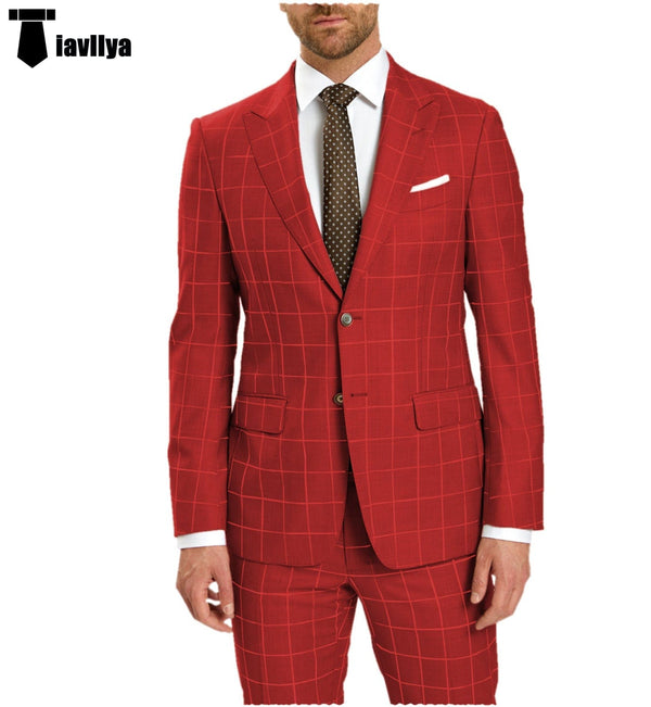 Tiavllya Fashion Mens Suit 2 Pieces Plaid Peak Lapel Tuxedos (Blazer+Pants)