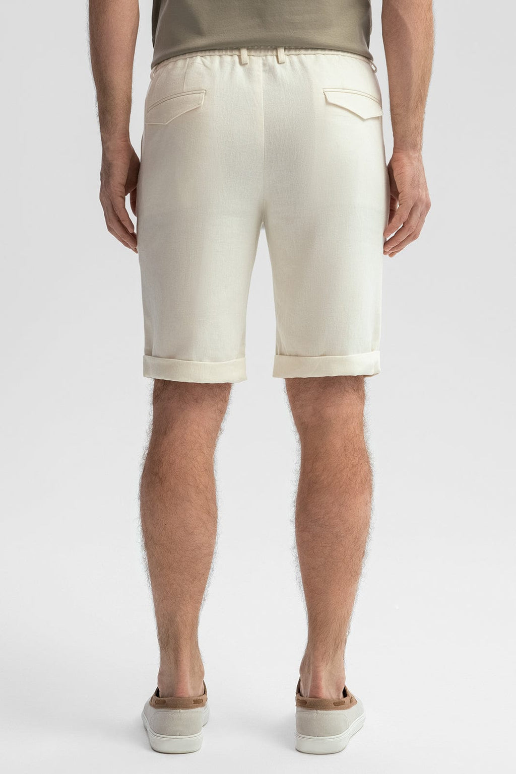 Tiavllya Formal 2 Piece Men's Ivory Suit Flat Linen Notch Lapel Tuxedos (Blazer+Shorts)